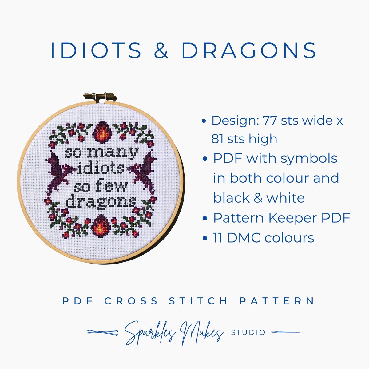 Idiots & Dragons Quote Cross Stitch Pattern PDF