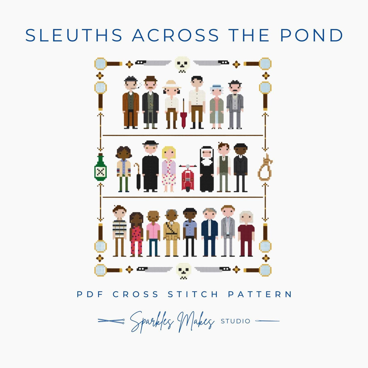 Sleuths Across the Pond Murder Mystery Inspired Sampler Cross Stitch Pattern PDF Download