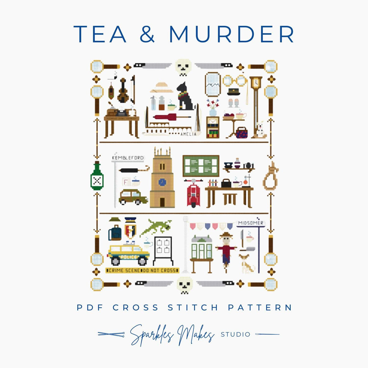 Tea & Murder Sampler Murder Mystery Inspired Cross Stitch Pattern PDF Download