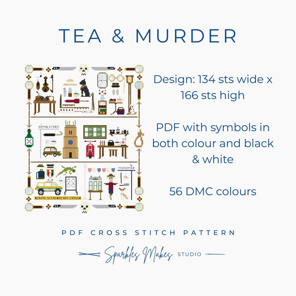 Tea & Murder Sampler Murder Mystery Inspired Cross Stitch Pattern PDF Download