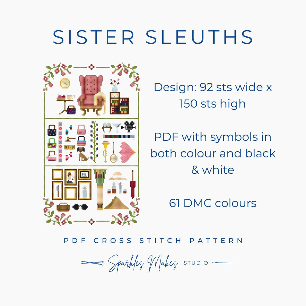 Sister Sleuths Murder Mystery Inspired Sampler Cross Stitch Pattern PDF Download