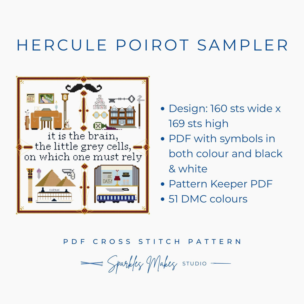 Hercule Poirot Sampler Agatha Christie Inspired Cross Stitch Pattern PDF Download