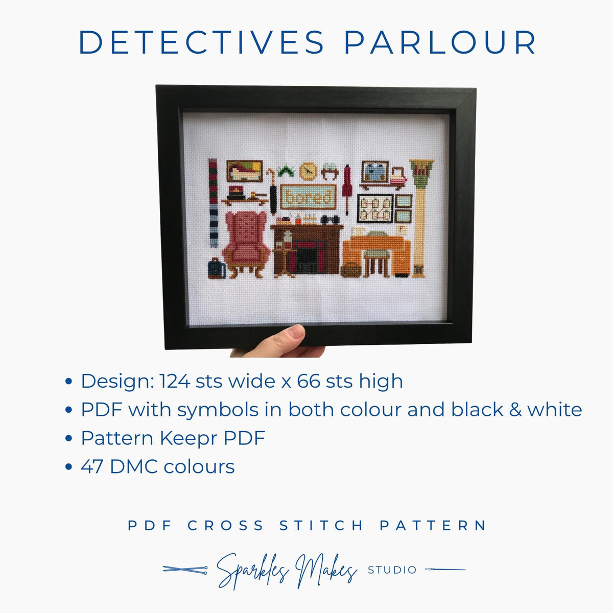 Detectives Parlour Murder Mystery Inspired Sampler Cross Stitch Pattern PDF Download