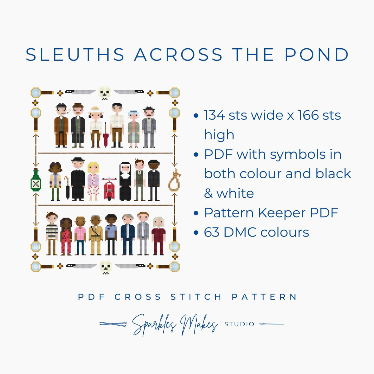 Sleuths Across the Pond Murder Mystery Inspired Sampler Cross Stitch Pattern PDF Download