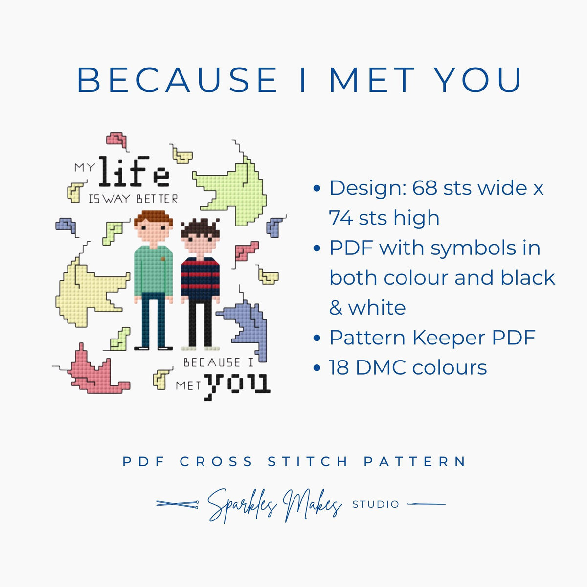 Because I Met You Nick & Charlie Heartstopper Inspired Cross Stitch Pattern PDF Download