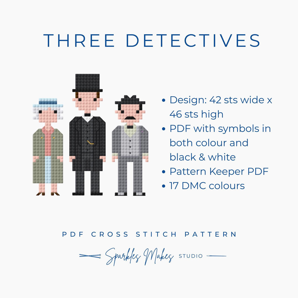 Three Detectives Agatha Christie Sherlock Holmes Inspired Cross Stitch Pattern PDF Download