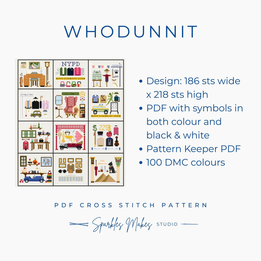Whodunnit Murder Mystery Inspired Sampler Cross Stitch Pattern PDF Download